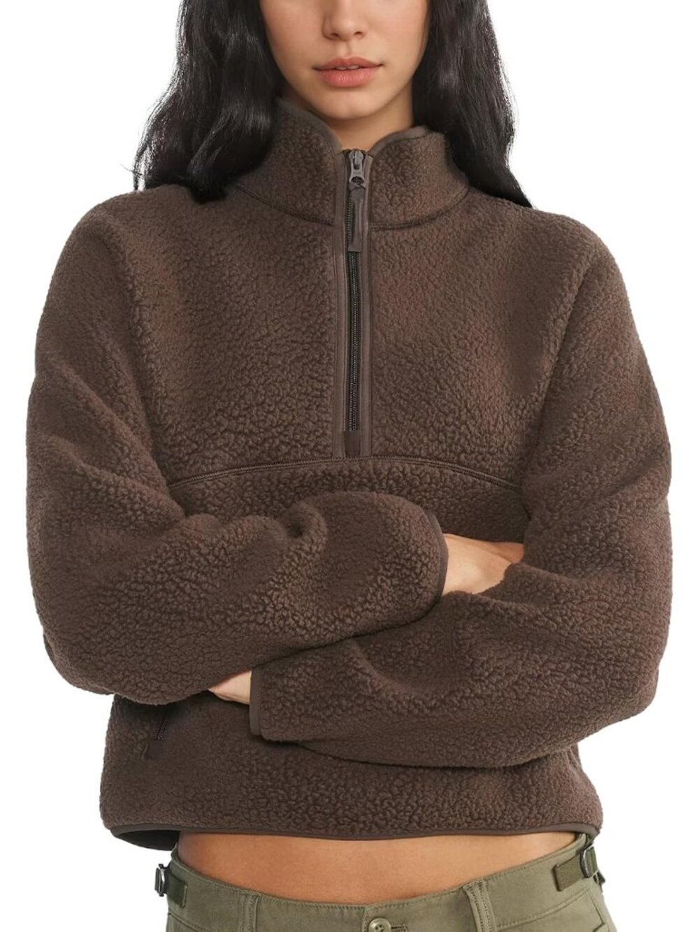 Women Brown 100% Polyester Mock-neck Fuzzy Sherpa Fleece Quarter Zip Sweatshirt